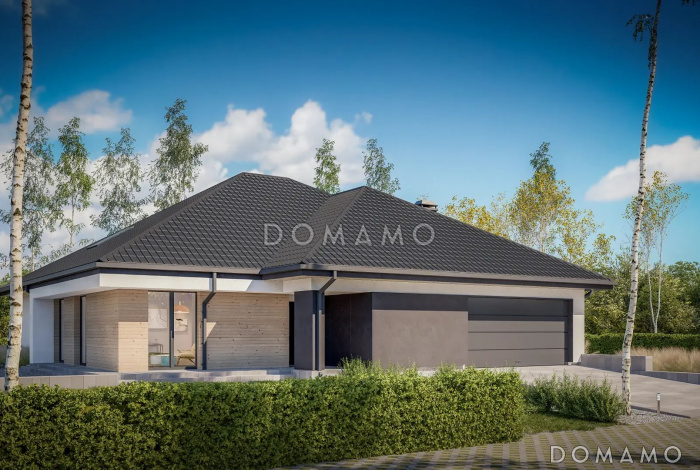 Проект кирпичного дома с мастер-спальней, террасой и гаражом