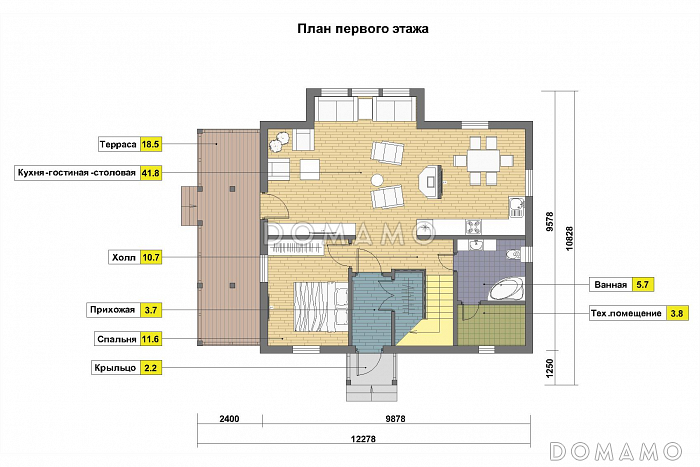 Проект дома из пеноблоков в стиле фахверк с сауной на мансардном этаже / План 1 этажа