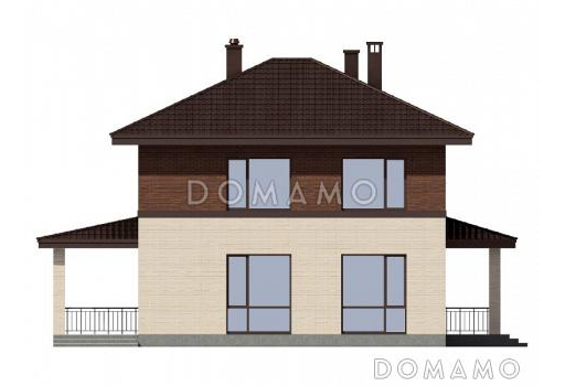 Проект дома из газобетона с крытой террасой, совмещенной кухней-столовой и гостиной, комнатой на первом этаже / Фасад 2