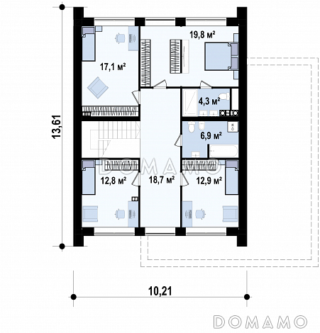 Проект загородного дома с панорамным остеклением, кабинетом, просторной гостиной, гаражом на 2 машины, кладовой на кухне / План мансардного этажа