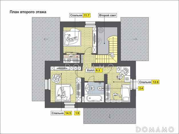 Проект частного дома в европейском стиле, с двумя террасами, мансардными окнами, простой функциональной планировкой / План мансардного этажа