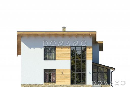 Проект дома с косой крышей, спальнями на первом этаже, верандой, террасой, сауной на мансардном этаже, вторым светом, балконом / Фасад 1