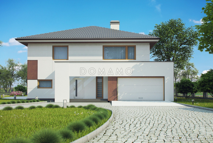 Проект просторного двухэтажного дома из кирпича со встроенным гаражом и двумя террасами на обоих уровнях