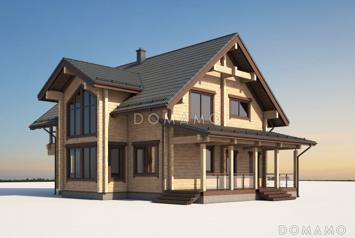 Проект дома из бруса с 4 спальнями, террасой, балконом и вторым светом