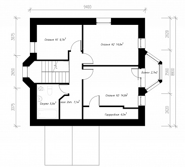 Проект экономичного коттеджа с остеклённым балконом. / План мансардного этажа