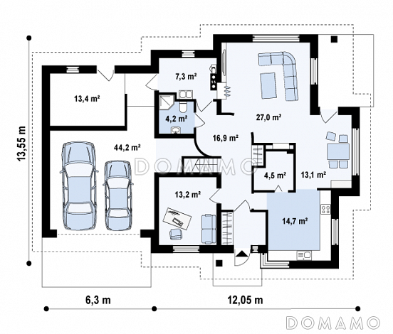Проект просторного комфортного мансардного дома из газобетона с необычной планировкой и гаражом / План 1 этажа
