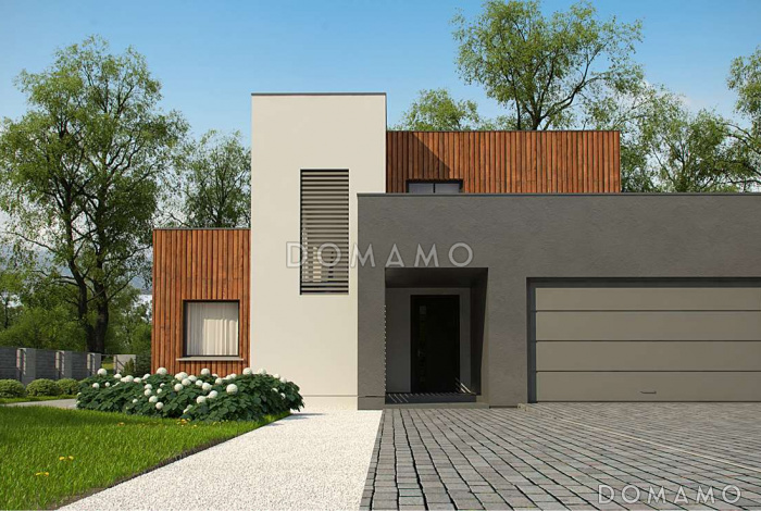 Проект современного двухэтажного дома из газобетона с плоской крышей, четырьмя комнатами, гаражом и террасой на втором этаже