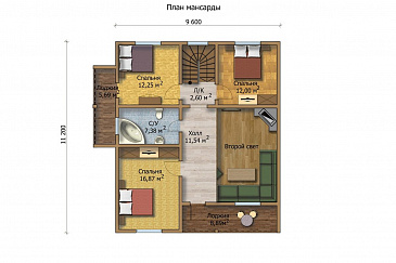 Проект большого деревянного дома, со всеми необходимыми комнатами / План мансардного этажа