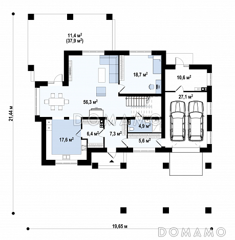 Проект дома с гаражом на 2 машины, большой гостиной, проходом на кухню из прихожей, отдельным входом в котельную / План 1 этажа