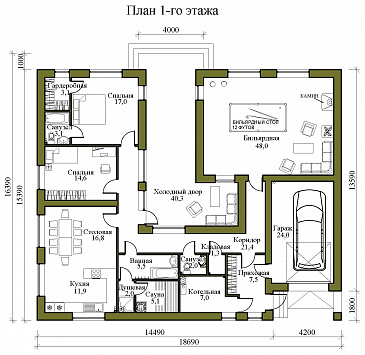 Проект одноэтажного газобетонного дома в стиле хай-тек с внутренним двором, бильярдной, сауной и гаражом / План 1 этажа