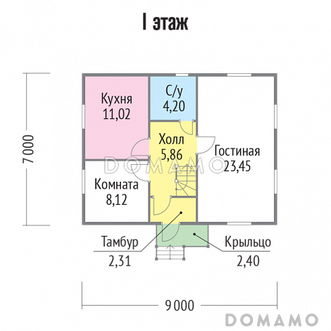 Проект каркасного дома с логичной планировкой внутреннего пространства / План 1 этажа