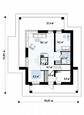 Проект двухэтажного дома с кабинетом, мастер-спальней, кладовой / План 1 этажа