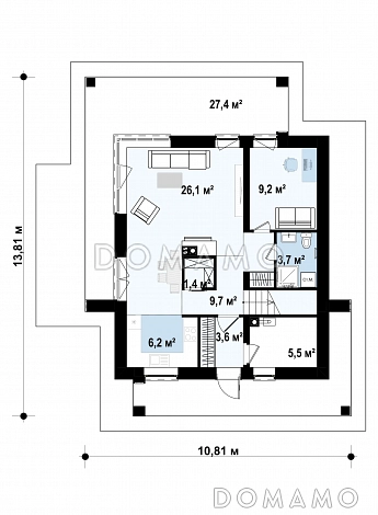 Проект двухэтажного дома с кабинетом, мастер-спальней, кладовой / План 1 этажа