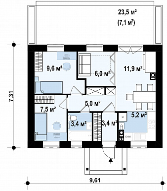Проект компактного одноэтажного дома из газобетона с большой открытой террасой / План 1 этажа