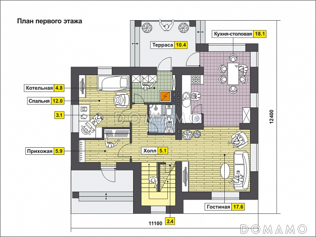 Проект дома c кухней-столовой, спальней на первом этаже, крытой террасой / План 1 этажа