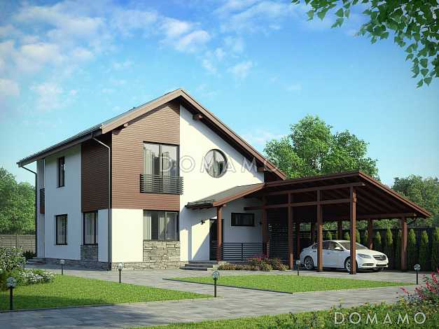 Проект  стильного дома из пеноблоков  с навесом для машины