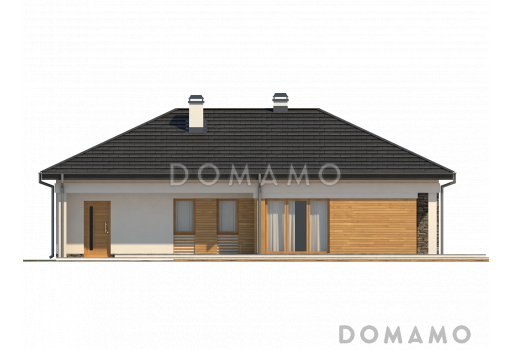 Проект одноэтажного дома из газобетона с дневной зоной в тыльной части дома и выходом на большую террасу и гаражом на два автомобиля / Фасад 3