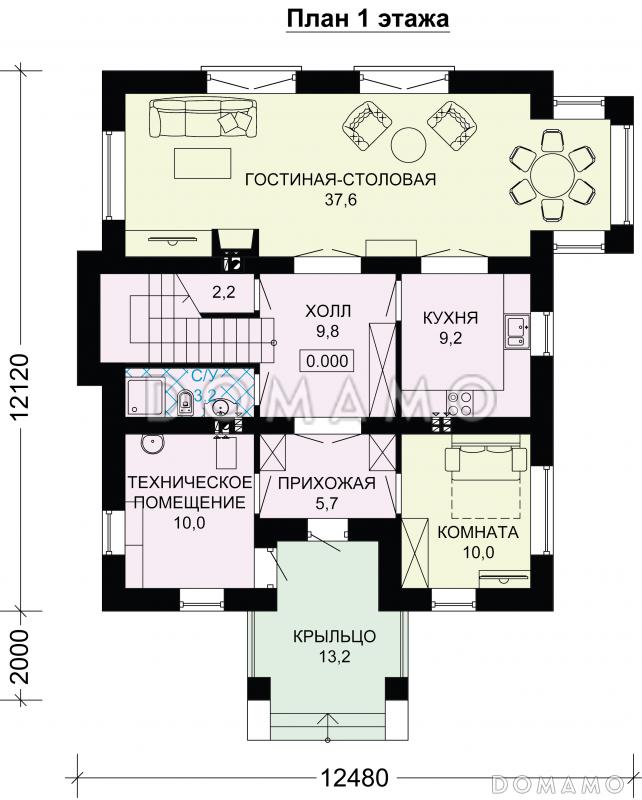 Проект кирпичного дома с французскими балконами / План 1 этажа