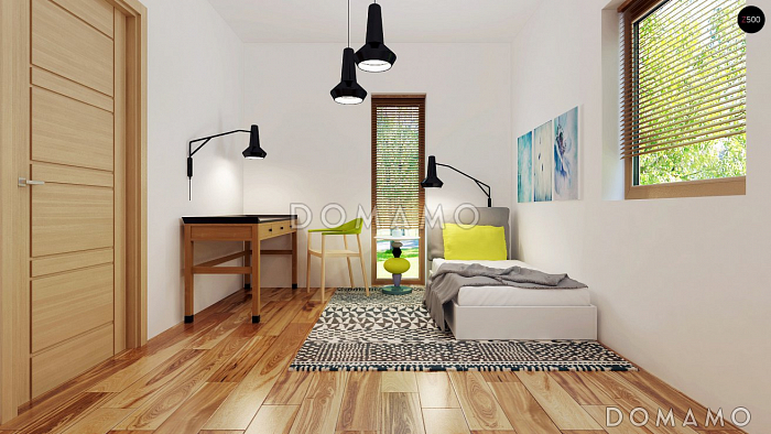 Проект небольшого современного одноэтажного дома из кирпича с двумя спальнями и красивой террасой