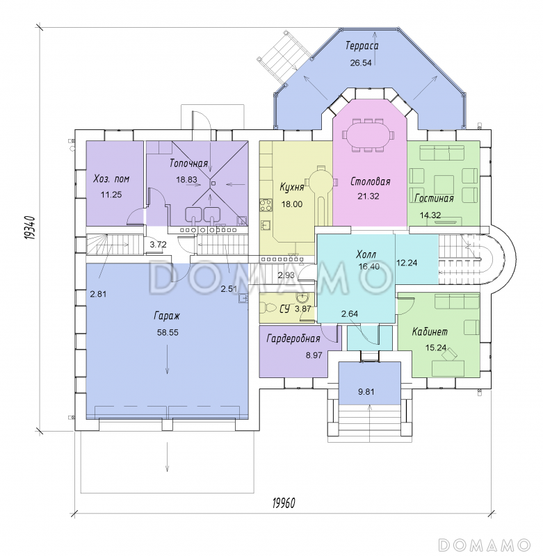 Проект двухэтажного дома с цокольным этажом, гаражом, эркером и террасой / План 1 этажа