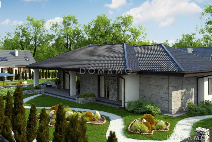 Проект одноэтажного дома из газобетона с просторной гостиной, тремя спальнями и гаражом