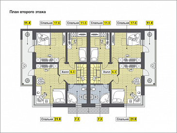 Проект дома на две семьи с большой кухней-столовой, гостиной с камином, террасой, длинным балконом / План мансардного этажа