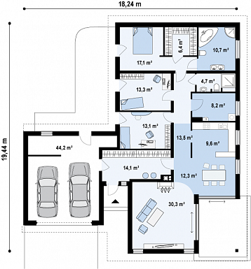 Проект просторного одноэтажного дома из газобетона с тремя спальнями, большой гардеробной и гаражом на два автомобиля / План 1 этажа