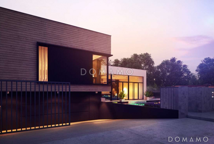 Проект современного двухэтажного дома из газобетона с плоской крышей, с двумя спальнями и подземным гаражом