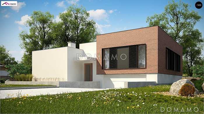 Проект современного одноэтажного дома из кирпича с плоской крышей с тремя спальнями и подземным гаражом