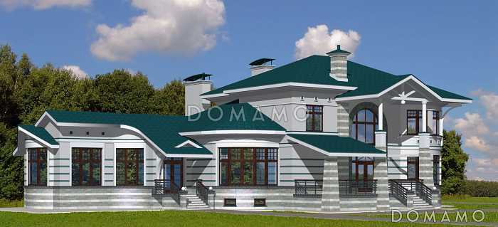 Проект коттеджа с бассейном, зимним садом и гаражом на 2 а/м, 