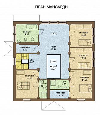 Проект одноэтажного дома с мансардой, с зоной СПА на цокольном этаже / План мансардного этажа