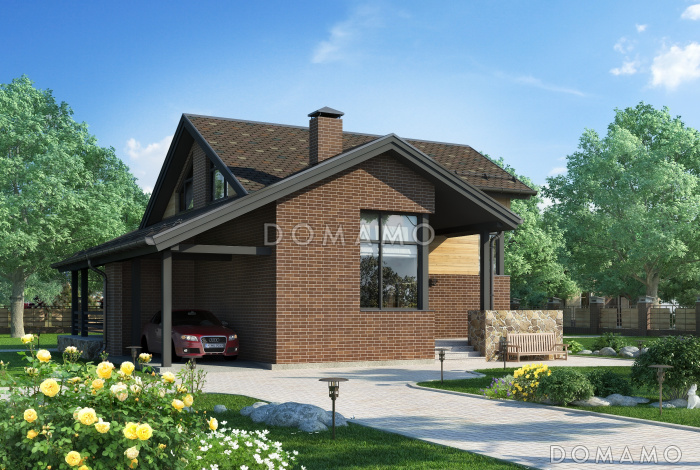 Проект дома с крытой террасой, навесом для автомобиля, вторым светом в гостиной