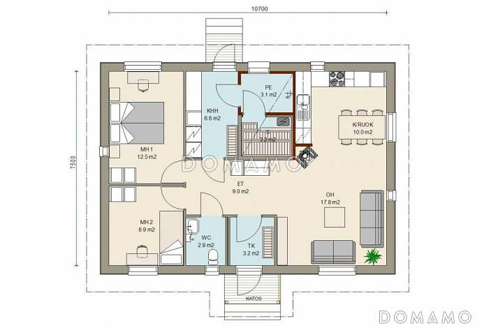 Проект одноэтажного каркасного дома с двумя спальнями / План 1 этажа
