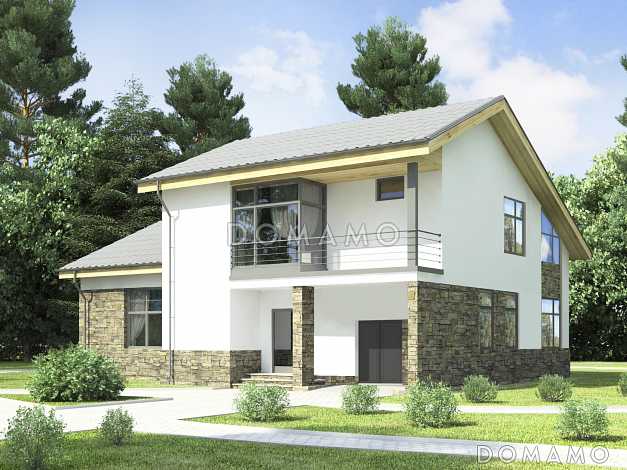 Проект дома с крытой террасой, гостиной с камином, большой кладовой, спальней на первом этаже, вторым светом, остекленной лоджией и балконом