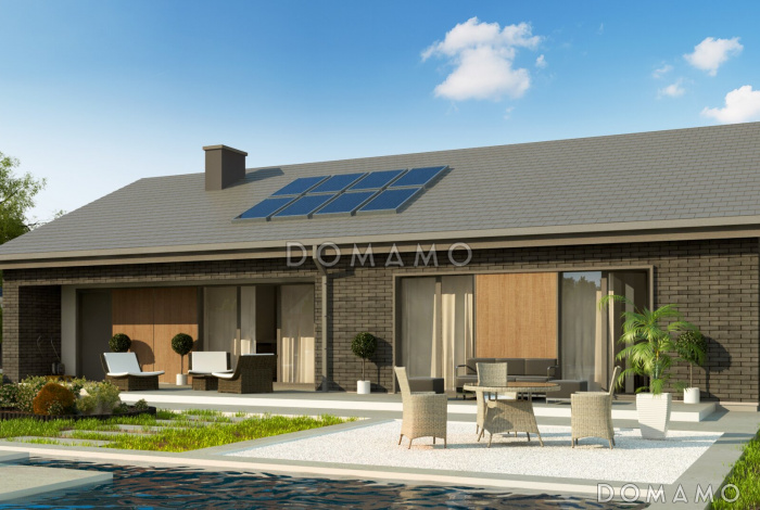 Проект дома с террасой, гаражом, кладовой, тремя спальнями