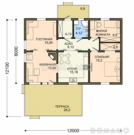 Проект одноэтажного усадебного дома с каминным залом и двумя спальнями / План 1 этажа