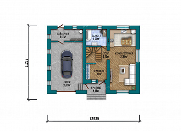 Проект современного двухэтажного дома с просторным гаражом, балконом, совмещенной кухней-гостиной и большим зимним садом на втором этаже / План 1 этажа