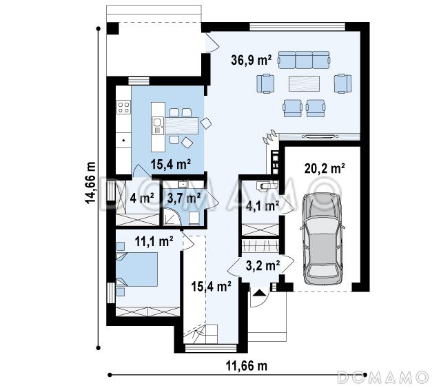 Проект современного двухэтажного дома из кирпича с дополнительной спальней на первом этаже и гаражом / План 1 этажа