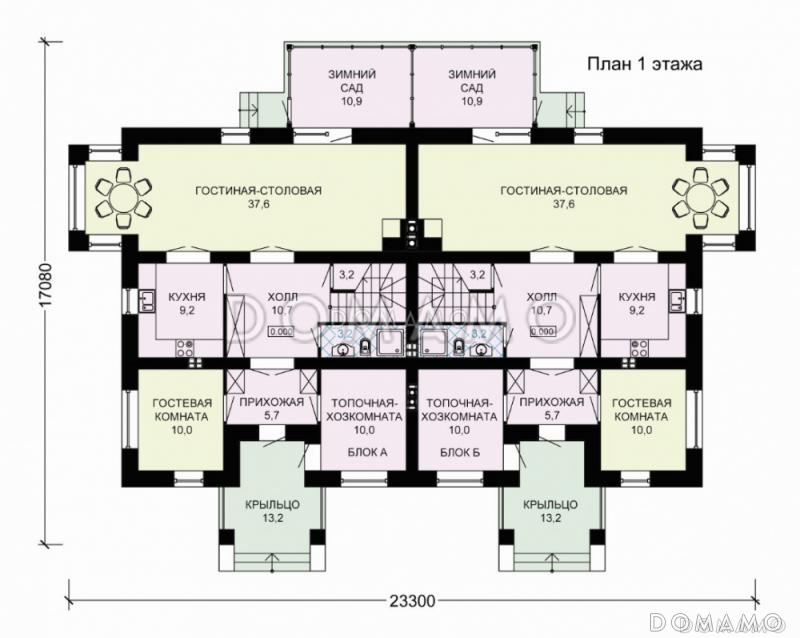 Проект двухэтажного дома для двух семей с зимним садом / План 1 этажа
