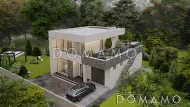 Проект двухэтажного дома из газобетона в стиле хай-тек со встроенным гаражом и открытой террасой на втором этаже