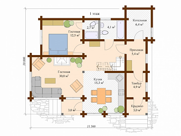 Проект дома из клееного бруса с гостевой комнатой на первом этаже / План 1 этажа