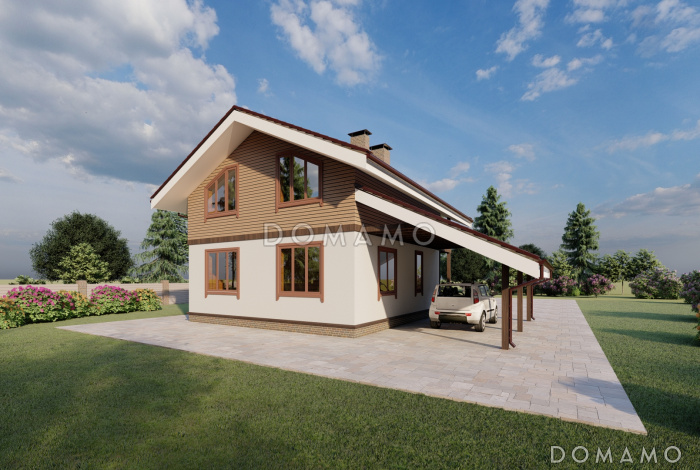 Проект двухэтажного дома с навесом и балконом