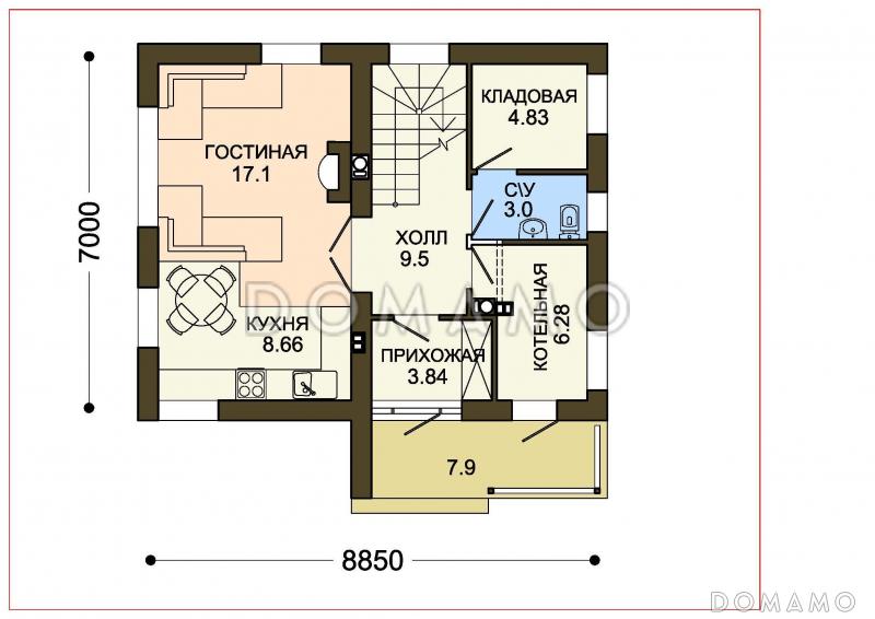 Проект небольшого двухэтажного коттеджа в польском стиле из СИП панелей / План 1 этажа