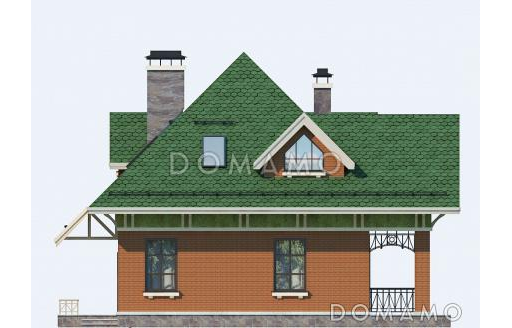 Проект дома из пеноблоков с отделкой из кирпича и зеленой шатровой крышей / Фасад 4