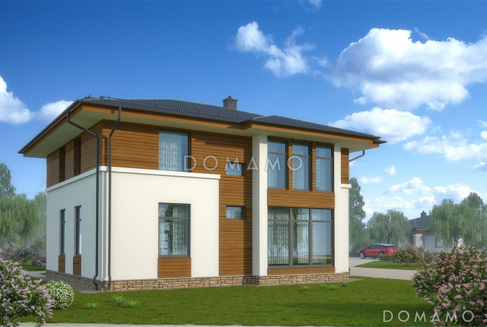 Проект белого коттеджа с панорамным окном гостиной