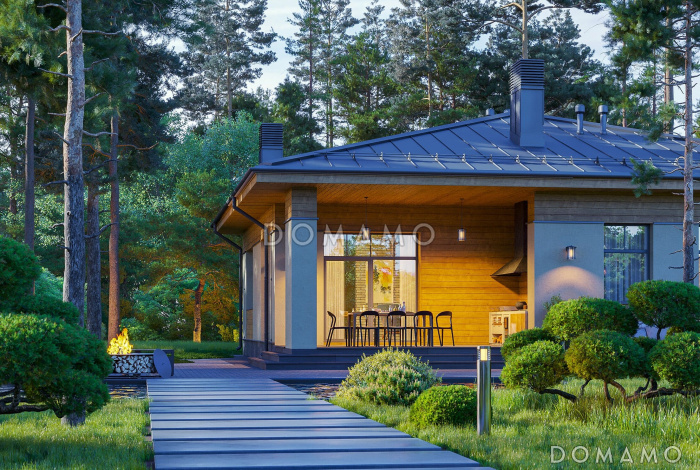 Проект одноэтажного дома с 3 спальнями и крытой террасой барбекю