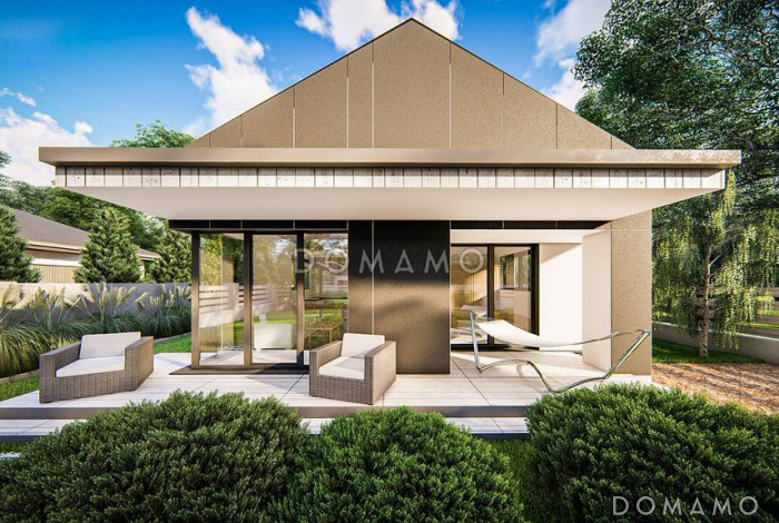 Проект одноэтажного дома небольшой площади с гаражом, двумя спальнями с большими окнами