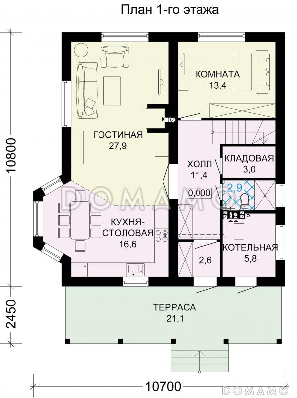 Проект загородного дома из пеноблоков с тремя спальными комнатами на мансардном этаже / План 1 этажа