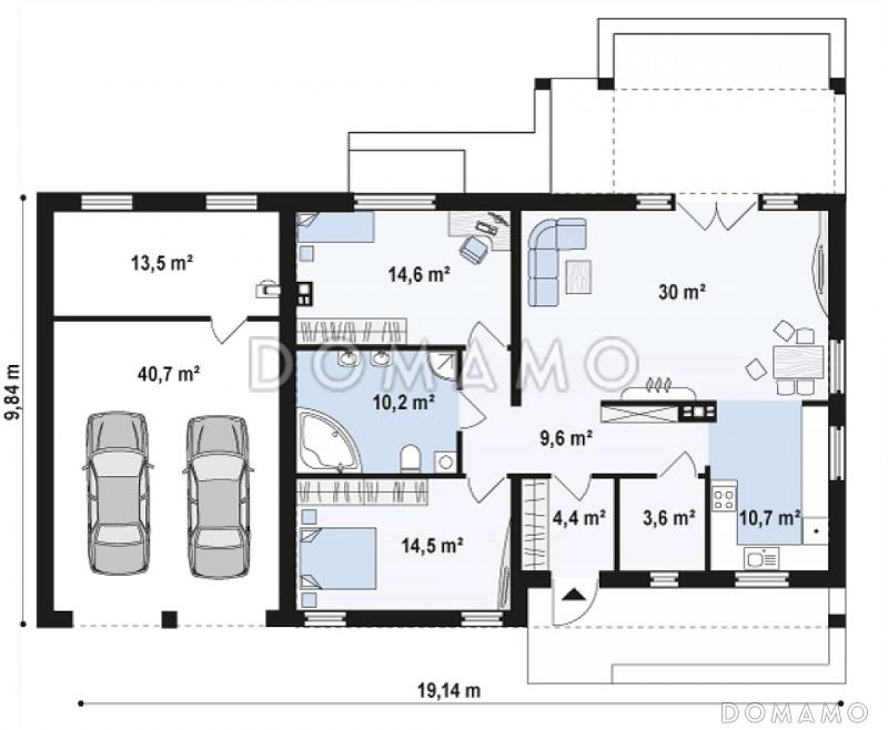 Проект одноэтажного дома из газобетона с современными элементами дизайна, с двумя спальнями и просторной дневной зоной и гаражом на 2 автомобиля / План 1 этажа