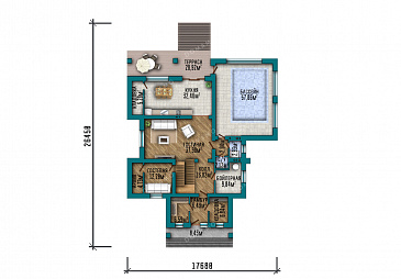 Проект современного особняка с бассейном, бильярдной и открытыми балконами на третьем этаже / План 1 этажа